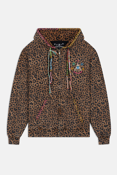 Sweat à capuche zippé Moon Léopard à plat, vue de face avec imprimé léopard, cordons tressés colorés et broderie pyramide