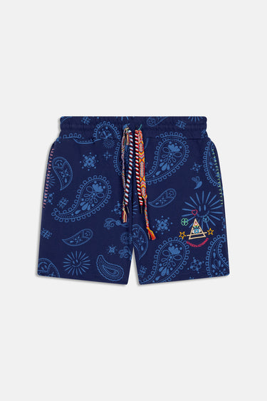 Short Maestro Bandana Bleu Marine à plat, vue de face avec motif bandana bleu clair, cordons tressés et broderie pyramide