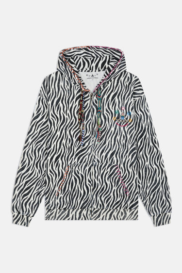 Sweat à capuche zippé Moon Zèbre à plat, vue de face avec imprimé zèbre noir et blanc, cordons colorés et broderie