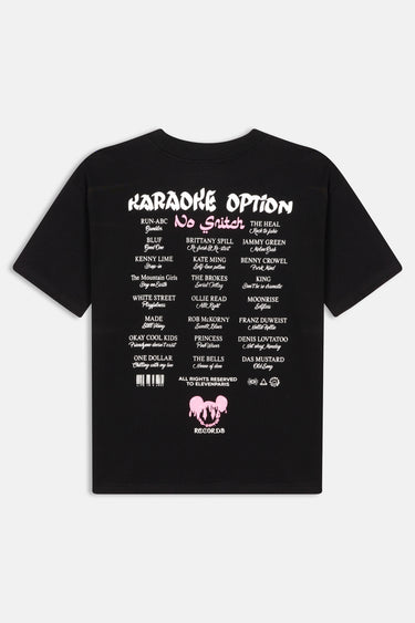 T-shirt Next Noir vu de dos à plat, imprimé Karaoke Option No Snitch avec liste de titres et coeur rose Records