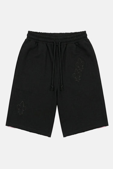 Short Ninon Noir de face à plat, cordon de serrage et fleurs de lys noires brodées ton sur ton, bas brut