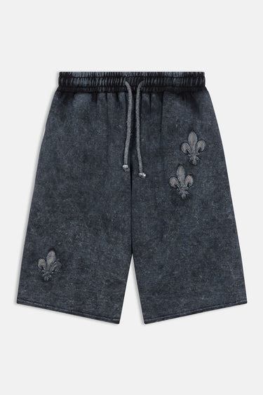 Short Ninon Noir délavé de face à plat, cordon gris, effet délavé anthracite et fleurs de lys tonales