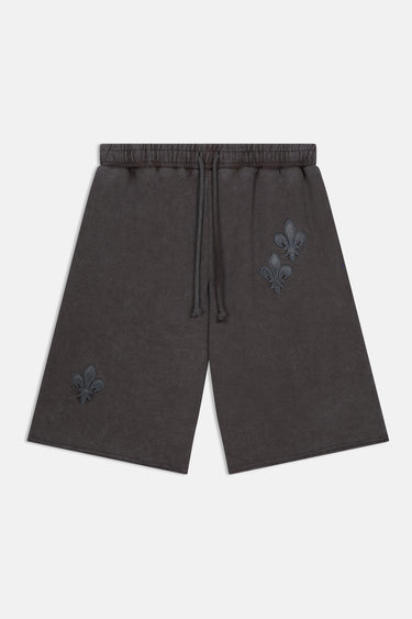 Short Ninon Gris charbon de face à plat, cordon de serrage et trois fleurs de lys brodées ton sur ton