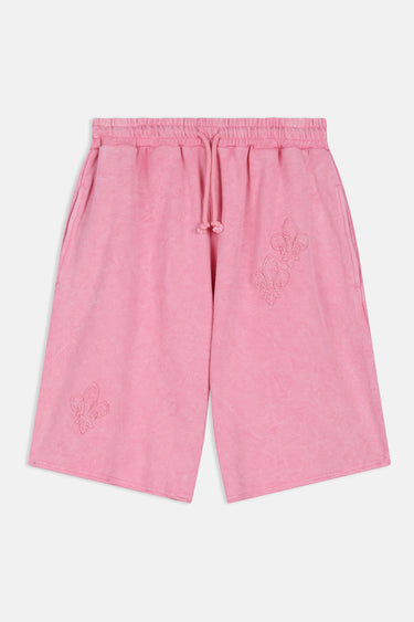 Short Ninon Rose de face à plat, cordon de serrage, fleurs de lys en relief et bas à bord brut