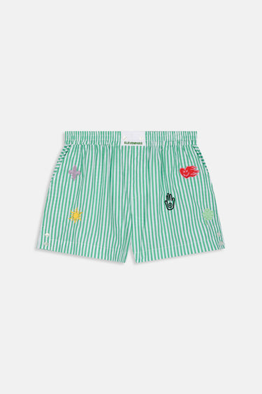 Short Jazeon Vert à rayures blanches à plat, taille élastiquée, petites broderies colorées de coeur et de main
