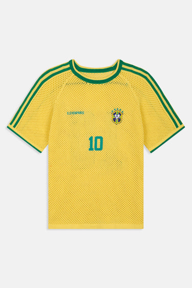 Maillot en maille Jbresil Jaune à plat, vue de face, col et bandes vertes, écusson brodé et chiffre 10 vert
