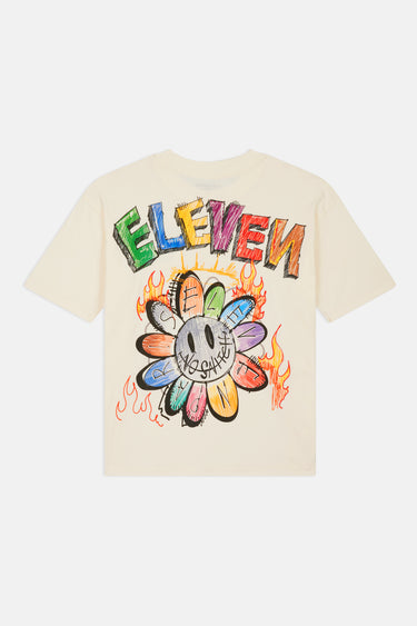 T-shirt Palerme Écru à plat, vue de dos, inscription ELEVEN multicolore, fleur souriante et flammes dessinées