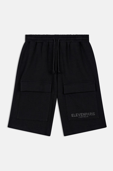 Short Palma Noir à plat, vue de face, grandes poches cargo à rabat, cordon de serrage, logo ELEVENPARIS gris
