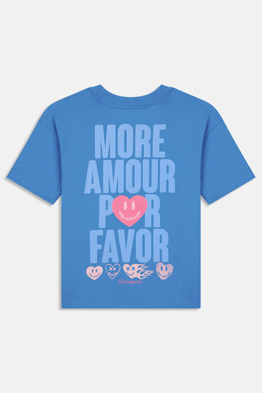 T-shirt Parma Bleu à plat, vue de dos, inscription More amour por favor bleu clair et coeur rose