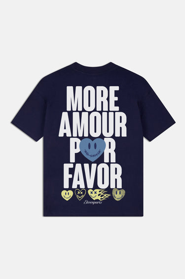 T-shirt Parma Bleu Marine à plat, vue de dos, inscription More amour por favor blanche et coeur bleu