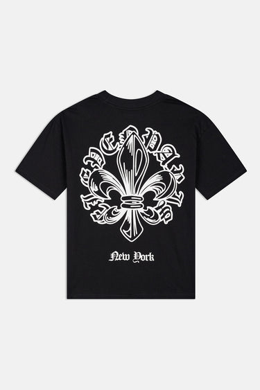 T-shirt Passau Noir de dos à plat, grand emblème fleur de lys blanc et inscription New York, fond blanc