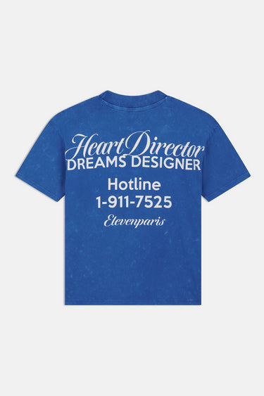 T-shirt Peams Bleu délavé de dos à plat, grande inscription Heart Director Dreams Designer Hotline 1-911-7525