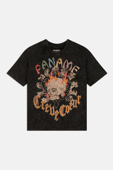 T-shirt Pharell Noir Délavé de face à plat, crâne en flammes entouré du lettrage coloré Paname Crève Coeur, fond blanc