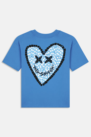 T-shirt Pinerolo Bleu de dos à plat, grand coeur souriant en mosaïque bleu clair et noir, fond blanc