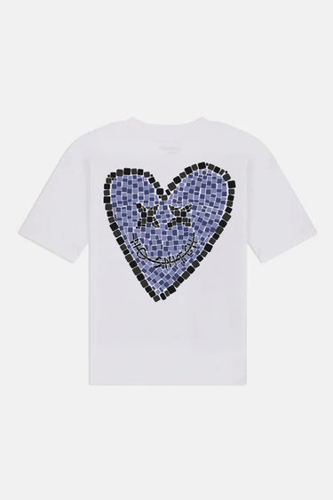 T-shirt Pinerolo Blanc de dos à plat, grand coeur souriant en mosaïque bleu et noir, fond blanc