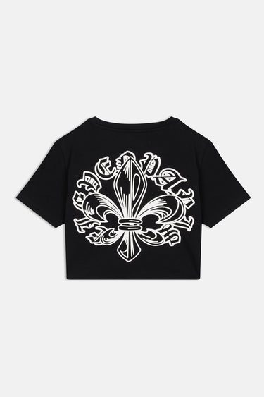 T-shirt court Plume Noir de dos à plat, grand emblème fleur de lys blanc, fond blanc