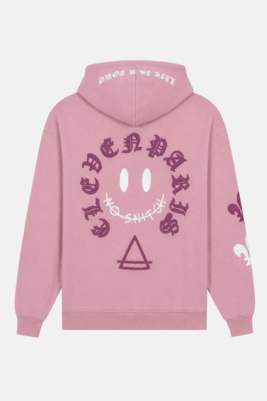 Sweat à capuche Poncho Rose de dos à plat, grand smiley No Snitch violet cerclé de lettres gothiques, fond blanc