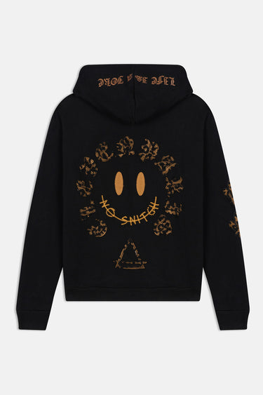 Sweat à capuche Poncho Noir de dos à plat, grand smiley No Snitch doré entouré de lettres gothiques, fond blanc