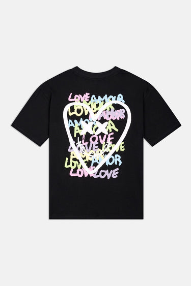 T-shirt Portofino Noir à plat, de dos, grand cœur blanc et inscriptions Love et Amor en couleurs pastel