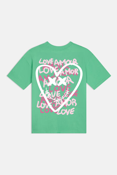 T-shirt Portofino Vert à plat, de dos, grand cœur blanc et inscriptions Love et Amor rose pâle