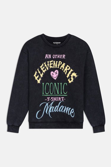 Sweat col rond Pozuelo Noir délavé à plat, de face, inscription An Other Eleven Paris Iconic T-shirt Madame