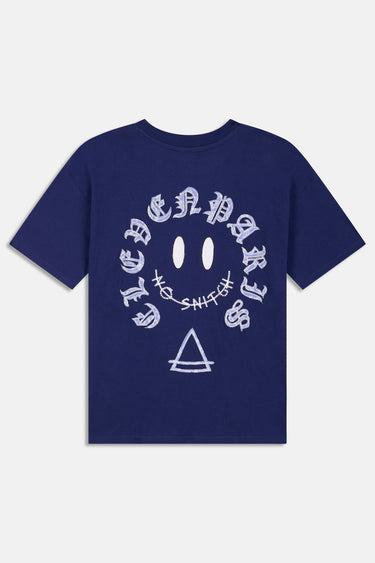 T-shirt Punky Bleu Marine à plat, de dos, smiley en lettrage gothique Elevenparis, inscription No Snitch et triangle