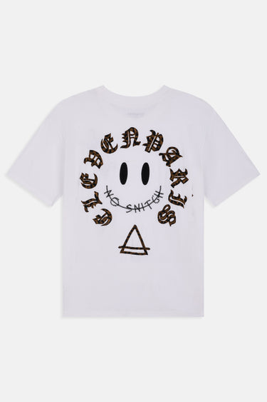 T-shirt Punky Blanc à plat, de dos, smiley en lettrage gothique Elevenparis noir et doré, No Snitch et triangle