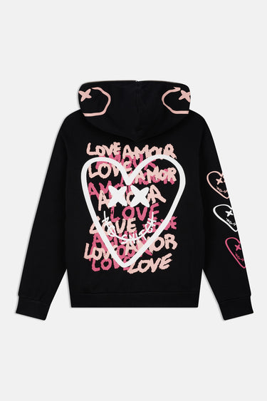 Sweat à capuche zippé Pyroma Noir à plat, de dos, grand cœur blanc, inscriptions Love Amor roses, cœurs sur la capuche