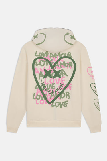 Sweat à capuche zippé Pyroma Écru à plat, de dos, grand cœur vert, inscriptions Love Amor vertes et roses, capuche brodée