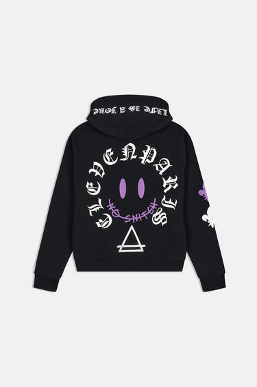 Sweat à capuche Fono Noir vu de dos à plat, smiley en lettrage gothique Elevenparis blanc et violet, triangle blanc