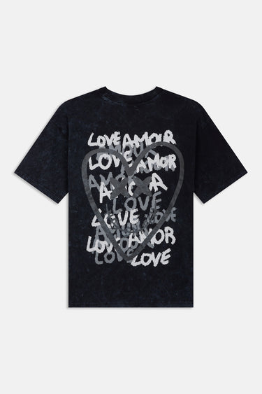T-shirt Saule Noir Délavé à plat, de dos, grand cœur gris et inscriptions Love et Amor blanches, effet délavé