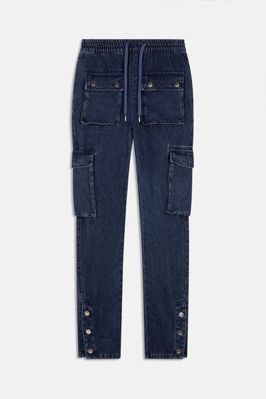 Pantalon cargo Suede Denim Bleu Foncé vu de face à plat, taille élastiquée, cordon, poches à rabat