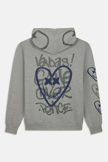 Sweat zippé à capuche Taiwan Gris Chiné vu de dos à plat, grand coeur bleu marine et graffiti Vandas Gone Over