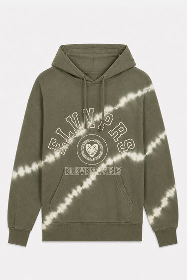 Sweat à capuche Tamara Kaki tie-dye vu de face à plat, inscription ELVNPRS arrondie et coeur, rayures écrues
