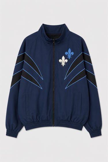 Veste zippée Taren Bleu Marine vue de face à plat, bandes noires à liseré bleu clair, fleurs de lys sur la poitrine