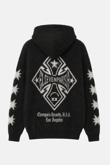 Gilet zippé à capuche Tasmanie Noir à plat, de dos, motif losange Elevenparis Records et étoiles sur les manches