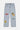 Jean Tatiana Baby Blue délavé à plat, de face, patchs ELVN, numéro 16 et logo Eleven Paris sur les jambes