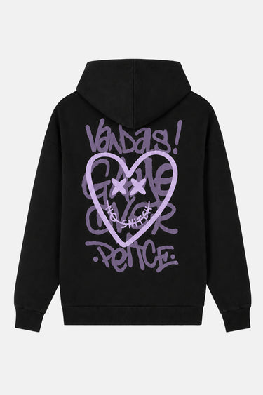 Sweat à capuche Tevy Noir à plat, de dos, grand cœur violet et graffiti Vandals Gone Over Peace