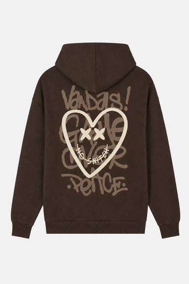 Sweat à capuche Tevy Marron à plat, de dos, grand cœur écru et graffiti beige Vandals Gone Over Peace