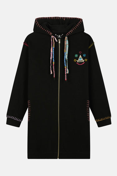 Robe zippée à capuche Texas Noire à plat, de face, surpiqûres colorées, cordons multicolores et broderie sur la poitrine