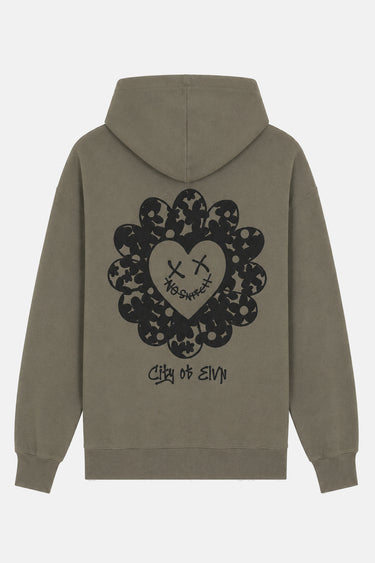 Sweat zippé à capuche Theodora Kaki à plat, de dos, grande fleur noire à cœur smiley No Snitch et City of ELVN