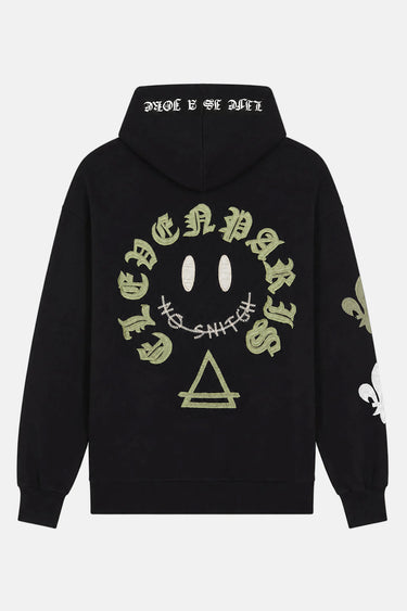Sweat à capuche Toncho Noir à plat de dos, smiley kaki entouré de lettres gothiques Elevenparis et triangle