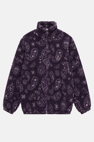 Veste polaire zippée Tong Aubergine à plat de face, motif cachemire violet clair et col montant