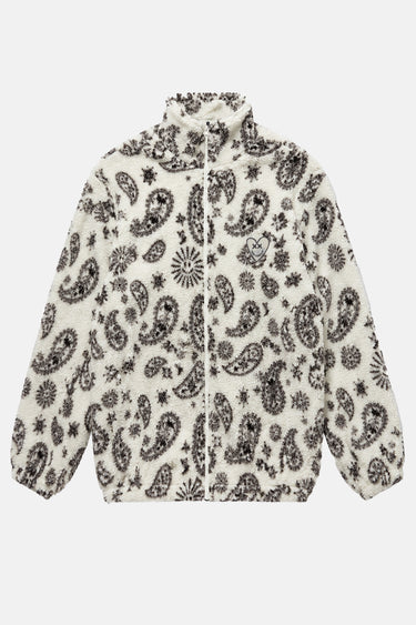 Veste polaire zippée Tong Écru à plat de face, motif cachemire noir et col montant