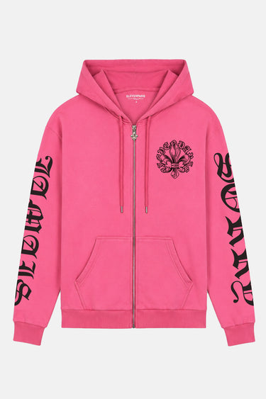 Sweat à capuche zippé Toscana Rose de face à plat, fleur de lys noire sur la poitrine et lettrage gothique sur les manches