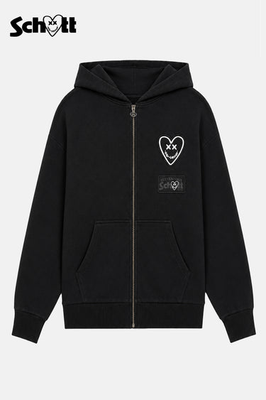 Sweat à capuche zippé Tschott Noir de face à plat, cœur blanc brodé et patch Schott sur la poitrine