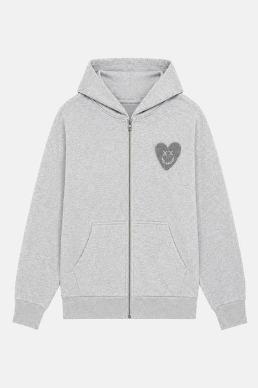Sweat à capuche zippé Tyson Gris Chiné à plat de face, écusson coeur souriant gris sur la poitrine, fond blanc