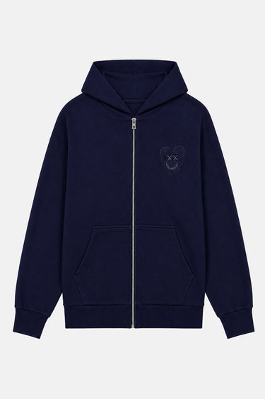 Sweat à capuche zippé Tyson Bleu Marine à plat de face, petit coeur souriant brodé sur la poitrine, fond blanc