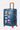 Valise Fugers Bleu Marine M de trois quarts, coque bleu foncé, patchs colorés, poignée argentée, roulettes orange
