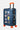 Valise Fugers Bleu Marine S de trois quarts, coque bleu foncé, patchs colorés, poignée argentée, roulettes orange